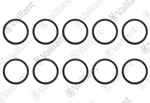 Schwarze O-Ringe in runder Form, gleichmäßig angeordnet, mit der Marke Vaillant, insgesamt zehn Stück auf einem weißen Hintergrund.